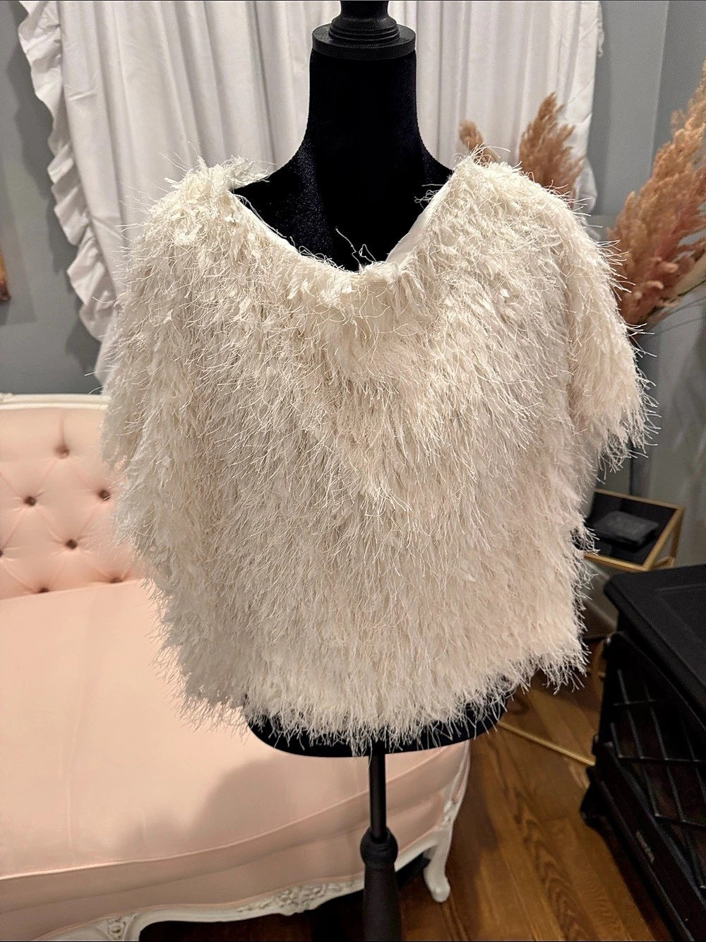 Zara Fringed Knit Top Short Sleeve Cream Medium